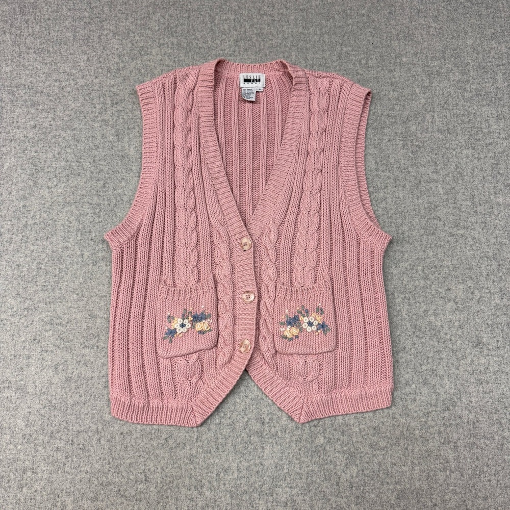 Leslie Fay Sport Sweater Vest Small Pink Cable Knit Floral Embroidered Vintage